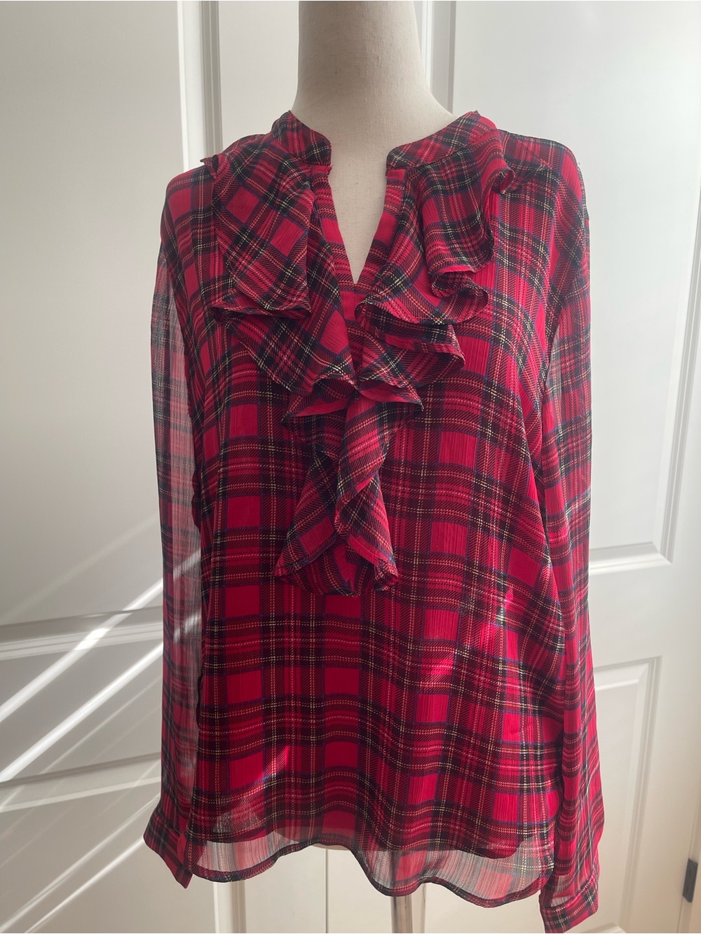 Tommy Hilfiger Red Plaid Ruffle Neck Blouse